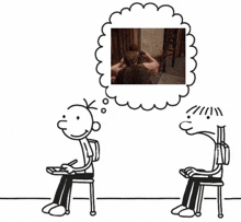 a drawing of a boy sitting in a chair with a thought bubble above his head talking to another boy .