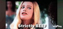 a woman is making a funny face and the words strictly beef are on the screen behind her
