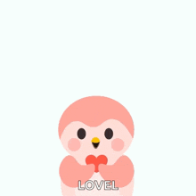 a penguin is surrounded by hearts and the word lovel is on the bottom right
