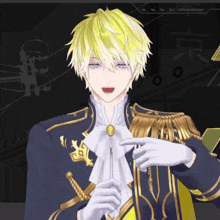 a man with yellow hair and white gloves is pointing to something