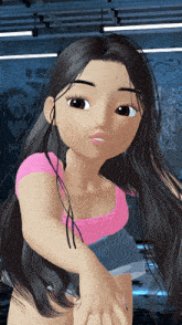 a cartoon girl with long black hair is wearing a pink top and shorts