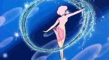 a naked woman in a pink dress is dancing in a circle of light .