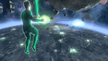 a man in a green suit is holding a green light in front of a planet in space .