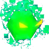 a green cube with a yellow triangle in the center