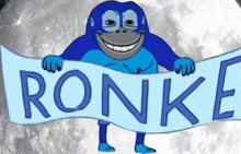 a blue cartoon monkey holding a banner that says ronke