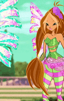 a cartoon girl with a flower in her hair and wings