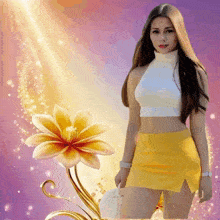 a woman in a yellow skirt stands in front of a yellow flower