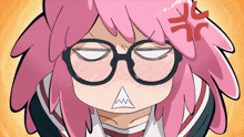 a girl with pink hair and glasses has an angry expression