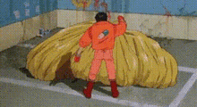 a cartoon character is riding a motorcycle in a parking lot next to a monster .