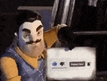 a cartoon character with a mustache is sitting in a car and looking at a laptop .