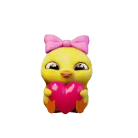 a yellow duck with a pink bow on its head holds a pink heart