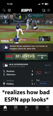a screenshot of the espn app shows a baseball game between the dodgers and the phillies