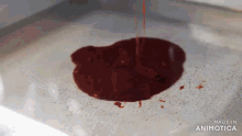 red liquid is being poured into a clear container with the words made in animatica visible