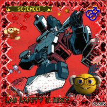 a picture of a robot holding a gun with the words science lab safety is sexy