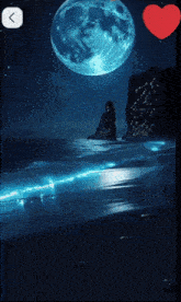 a picture of a full moon over a body of water with a heart in the foreground