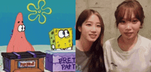 a cartoon of patrick star and spongebob next to a picture of two girls