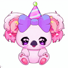 a pink koala wearing a party hat with a purple bow