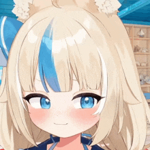 a cartoon girl with blonde hair and blue eyes is smiling