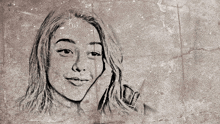 a black and white drawing of a woman 's face with her hand on her face
