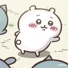 a cartoon of a white bear with a pink cheek is standing in a field surrounded by cats .