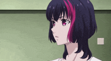 a close up of a girl with purple hair and red stripes