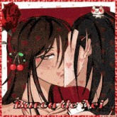 a man and a woman are kissing in a red frame with hearts .