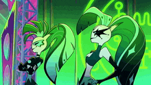 a couple of cartoon characters standing next to each other with a green background