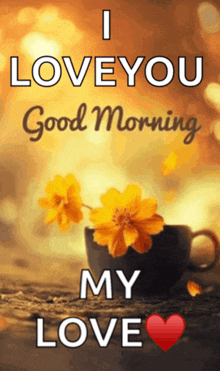 a poster that says " i love you good morning my love " with flowers in a cup