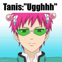 a cartoon of a man with pink hair and green glasses .