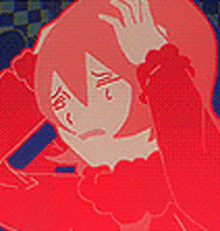 a cartoon of a girl with red hair holding her head .