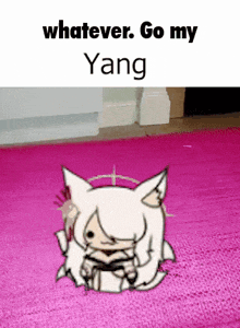 a cartoon cat is sitting on a pink rug with the words whatever go my yang written above it .