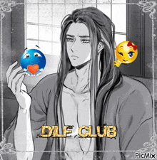 a man with long hair is holding a blue ball with a heart on it and a smiley face behind him that says dle club