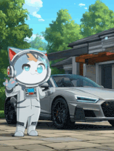 a cat in a space suit is standing in front of a silver sports car