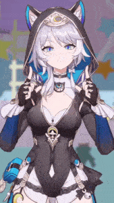 a girl with white hair and blue eyes is wearing a cat hood and gloves