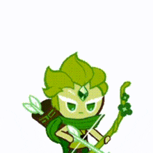 a cartoon character with green hair and a bow and arrow is holding a piece of cheese .