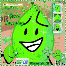 a picture of a green leaf with a face and the words good morning