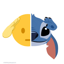 half of a yellow smiley face and half of stitch