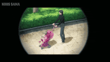 a man pushing a pink stroller with the words nbds sama written on the bottom
