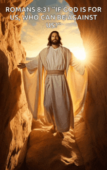 a poster of jesus with the words romans 8:31 " if god is for us who can be against us " on it