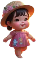 a baby doll wearing a straw hat and a pink dress with two teddy bears on it