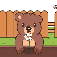 a cartoon of a bear holding a flower with the letter m in the background