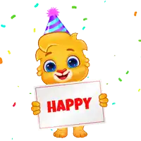 a cartoon lion wearing a party hat and holding a sign that says happy
