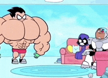 a cartoon character with huge muscles is standing in front of a couch