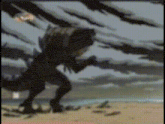 a painting of a monster walking on a beach with trees in the background .
