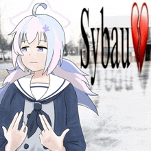 a drawing of a girl in a sailor suit with syeau in the background