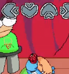 a cartoon of a turtle holding a stuffed animal in front of a red curtain with hearts on it