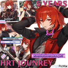 a collage of anime characters with the words 5 years hrt journey in pink letters