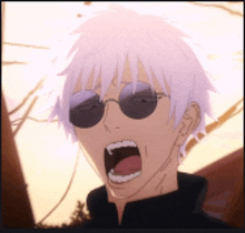 a man with white hair and sunglasses is screaming with his mouth open .