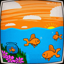 a cartoon of goldfish swimming in the ocean with the website relaxfish.com visible