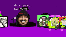 a purple background with a man wearing a webchint hat